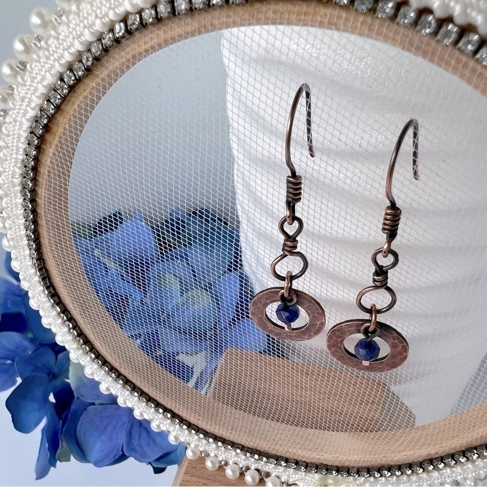 Artisan Hammered Copper Dangle Earrings with Jade Accent Beads - Picture 4 of 12